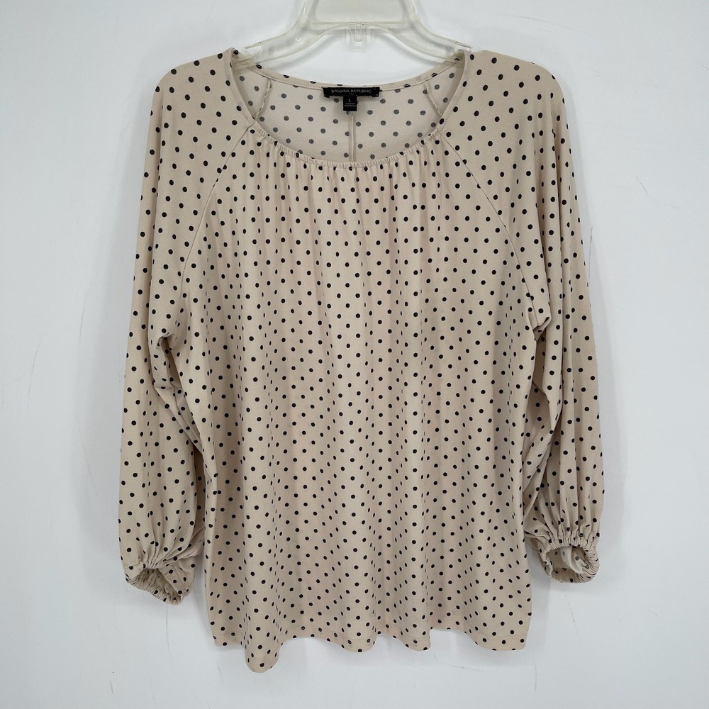 Banana Republic Women's Beige Polka Dot Stretch Raglan Sleeve Top Blouse Size L